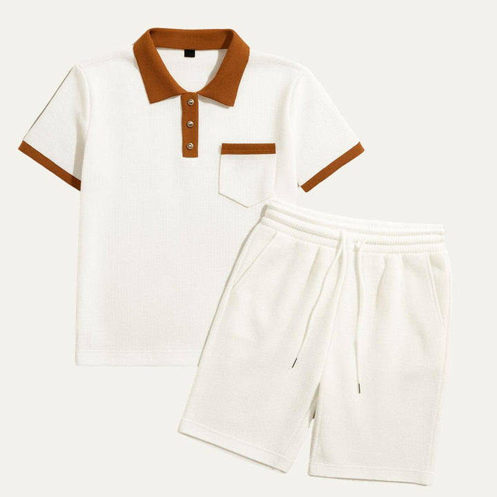 Men's Waffle Texture Contrast Trim Polo and Shorts Set