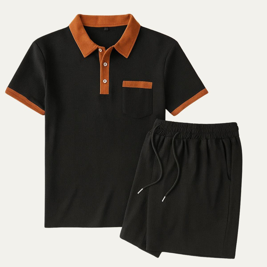 Men's Waffle Texture Contrast Trim Polo and Shorts Set