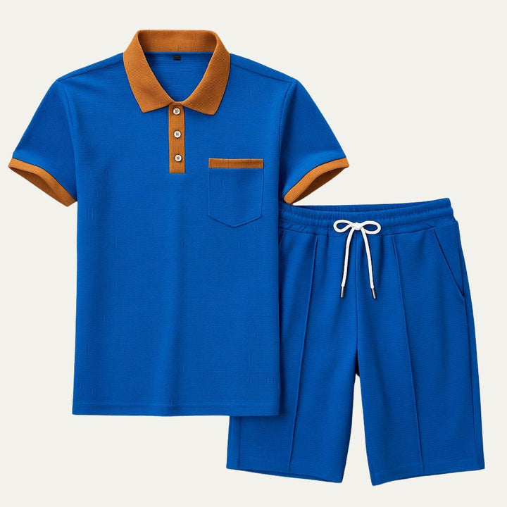 Men's Waffle Texture Contrast Trim Polo and Shorts Set