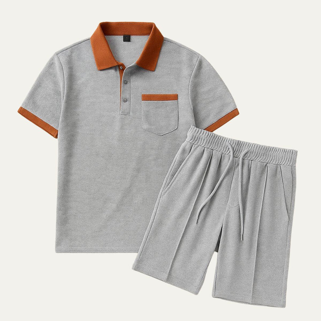 Men's Waffle Texture Contrast Trim Polo and Shorts Set