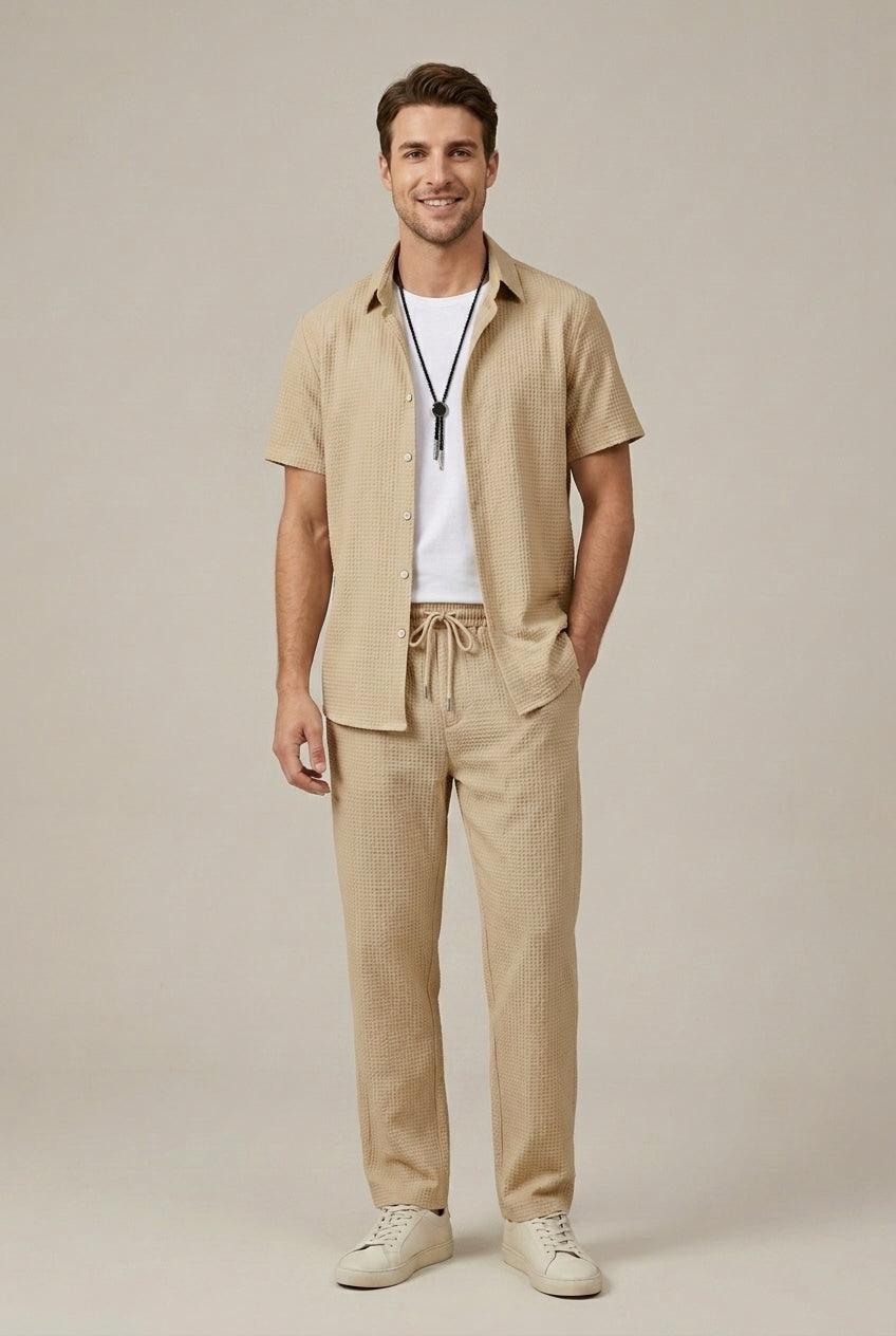 Men's Waffle Texture Shirt and Tailored Trousers Set