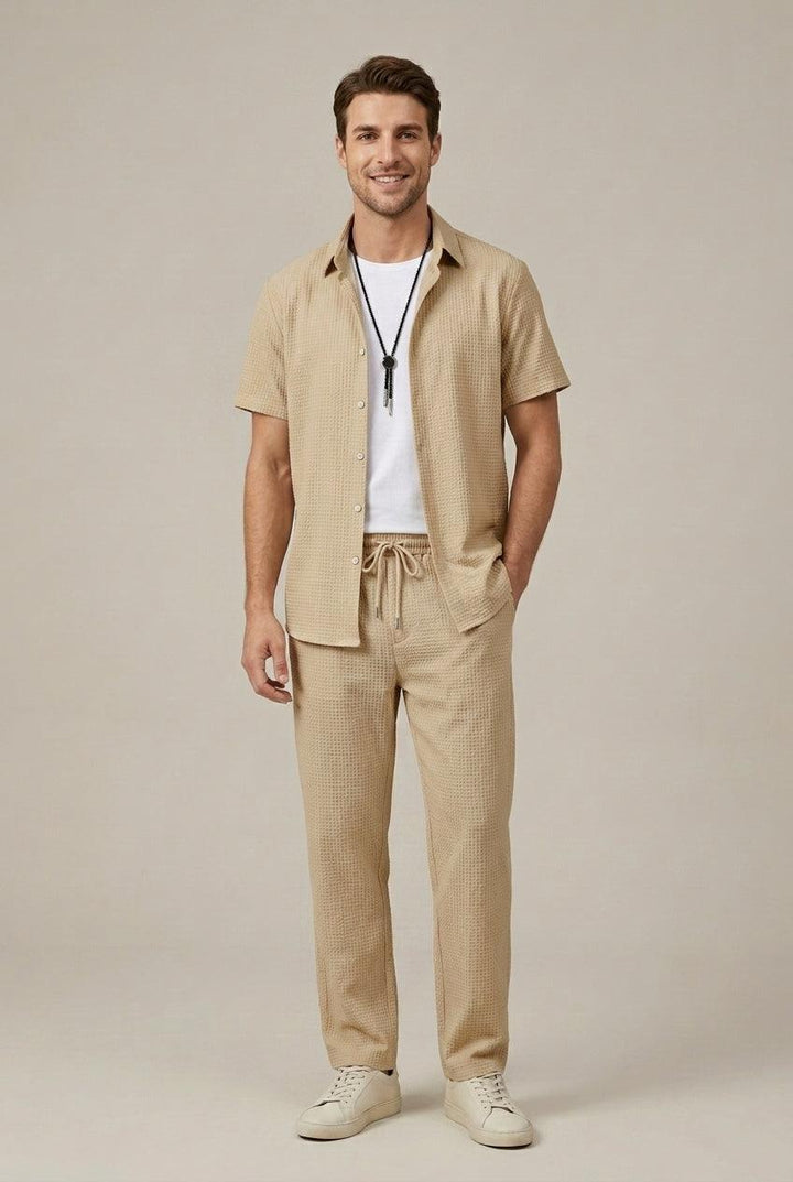 Men's Waffle Texture Shirt and Tailored Trousers Set