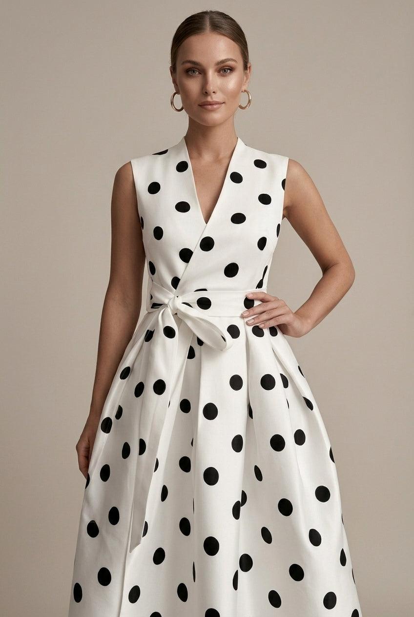 Women's Polka Dot V-Neck Sleeveless Tie Waist Midi Dress