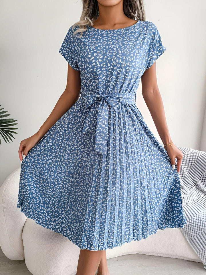 Women's Ditsy Floral Cap Sleeve Tie Waist Pleated Midi Dress