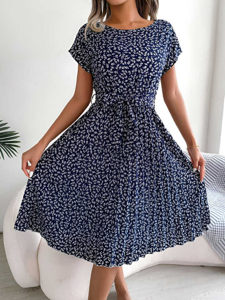 Women's Ditsy Floral Cap Sleeve Tie Waist Pleated Midi Dress