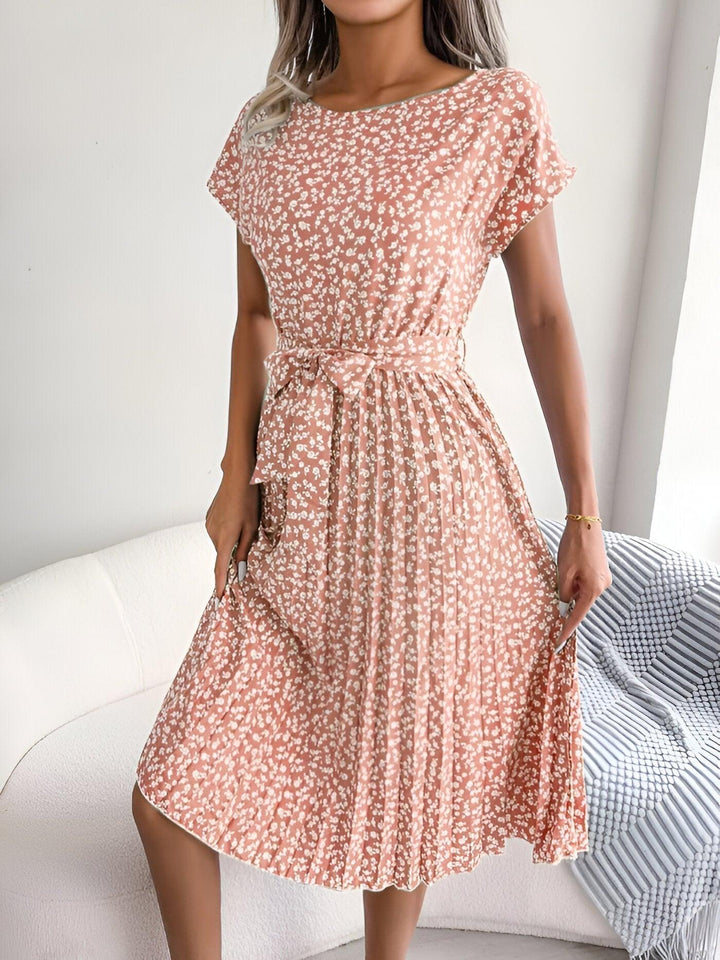 Women's Ditsy Floral Cap Sleeve Tie Waist Pleated Midi Dress