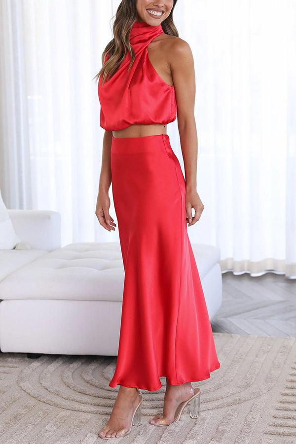 Women's Satin Two Piece Set - Halter Neck Crop Top and Draped Maxi Skirt