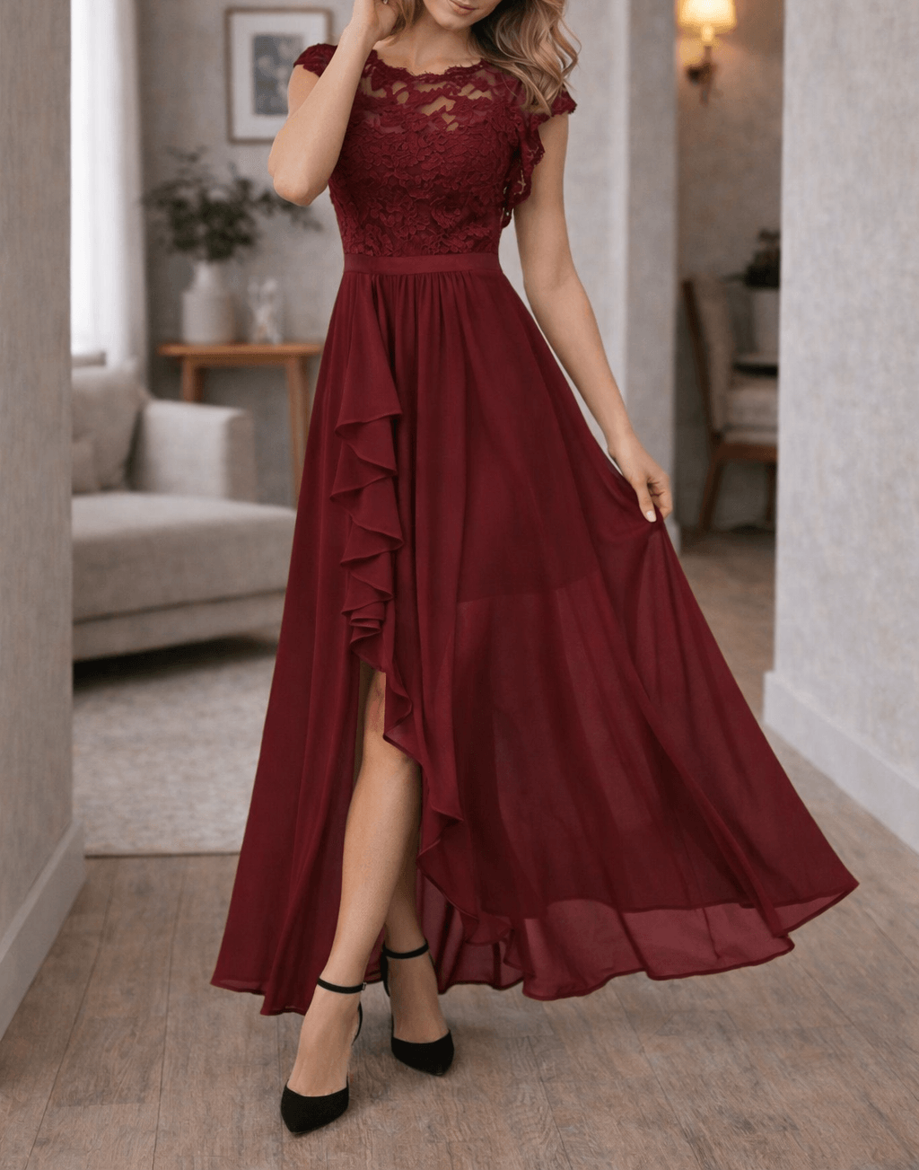 Women's Lace Bodice Sleeveless A-Line Maxi Dress - Ruffle Hem