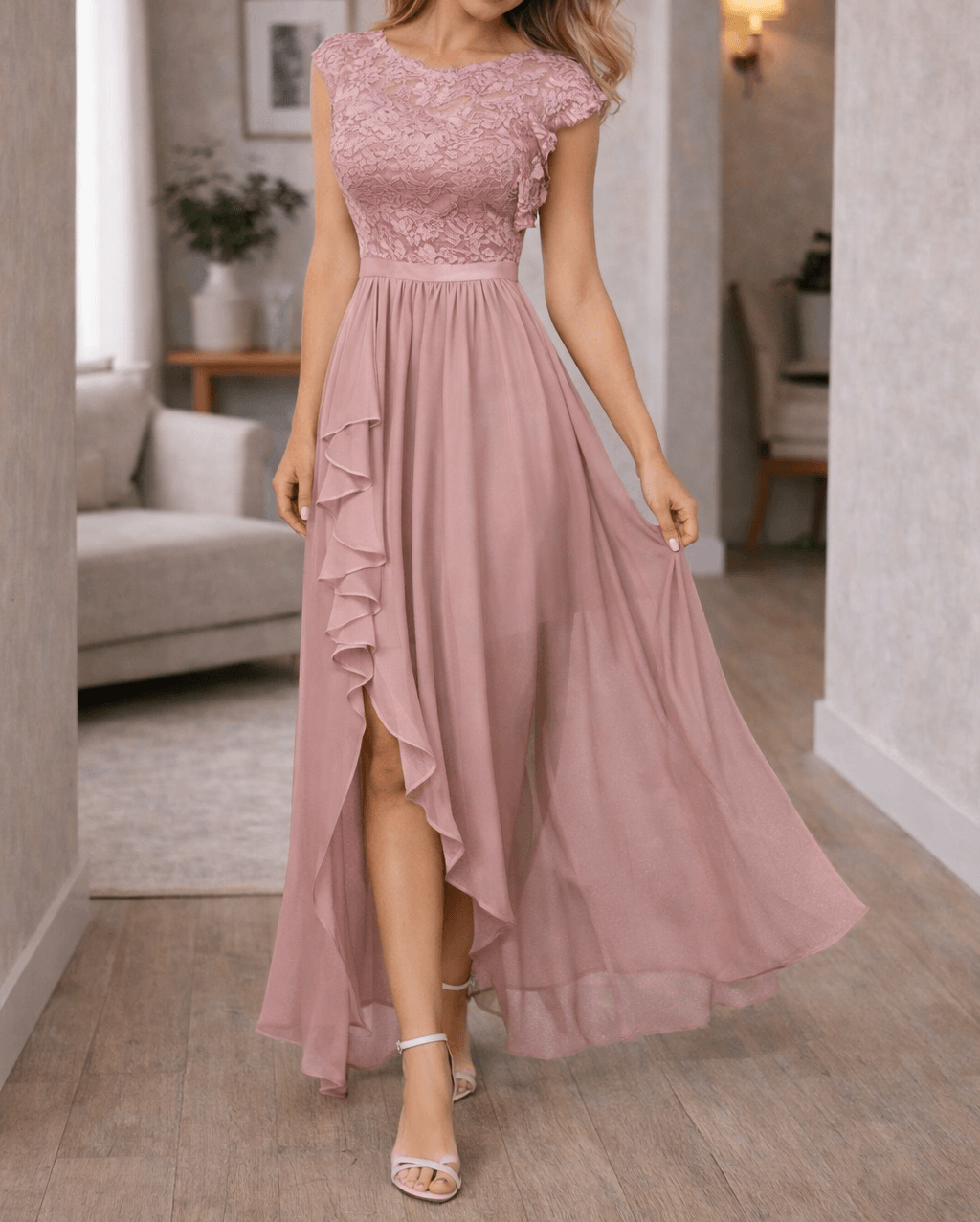 Women's Lace Bodice Sleeveless A-Line Maxi Dress - Ruffle Hem
