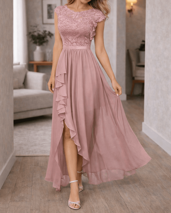 Women's Lace Bodice Sleeveless A-Line Maxi Dress - Ruffle Hem