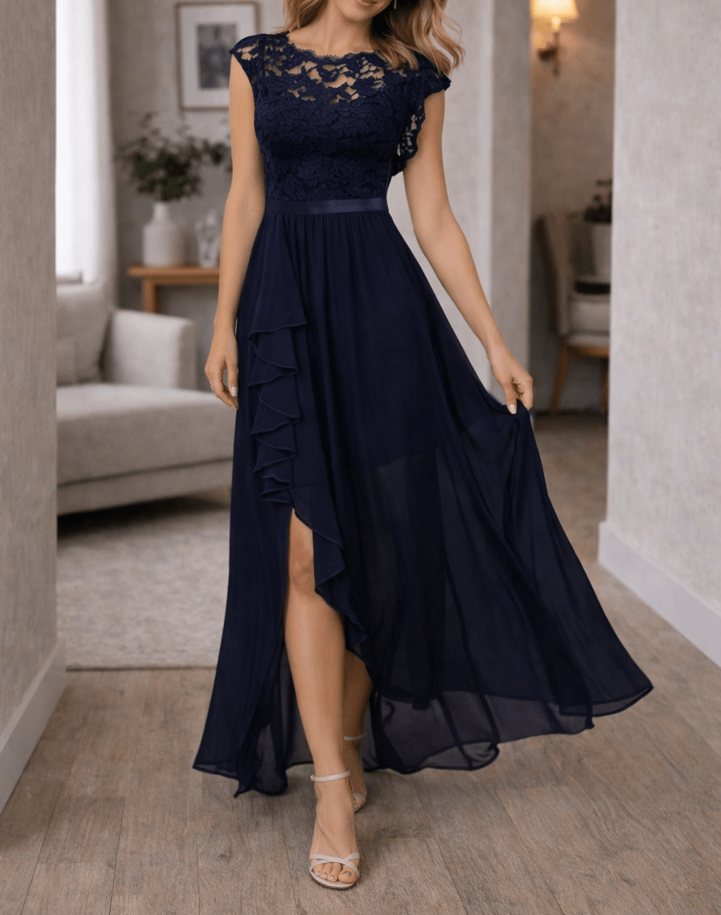Women's Lace Bodice Sleeveless A-Line Maxi Dress - Ruffle Hem