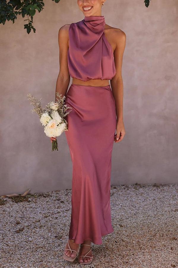 Women's Satin Two Piece Set - Halter Neck Crop Top and Draped Maxi Skirt