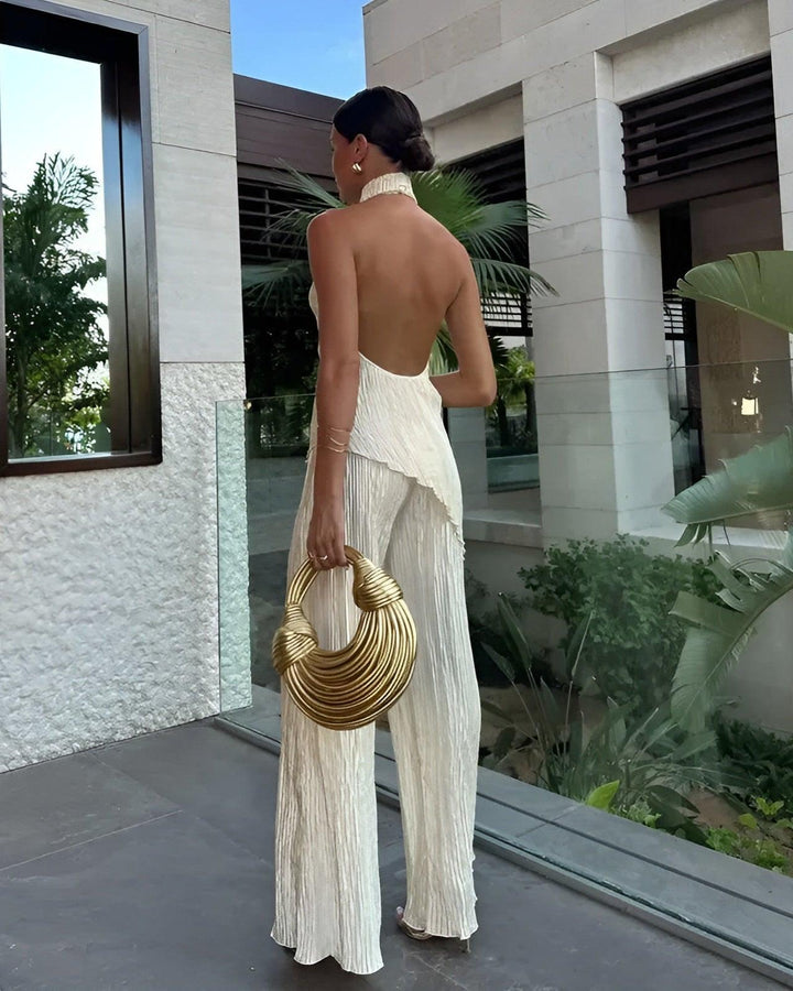 Women's Two Piece Set - Halter Neck Open Back Top - Wide Leg Trousers - Crinkle Texture - Going Out Sets