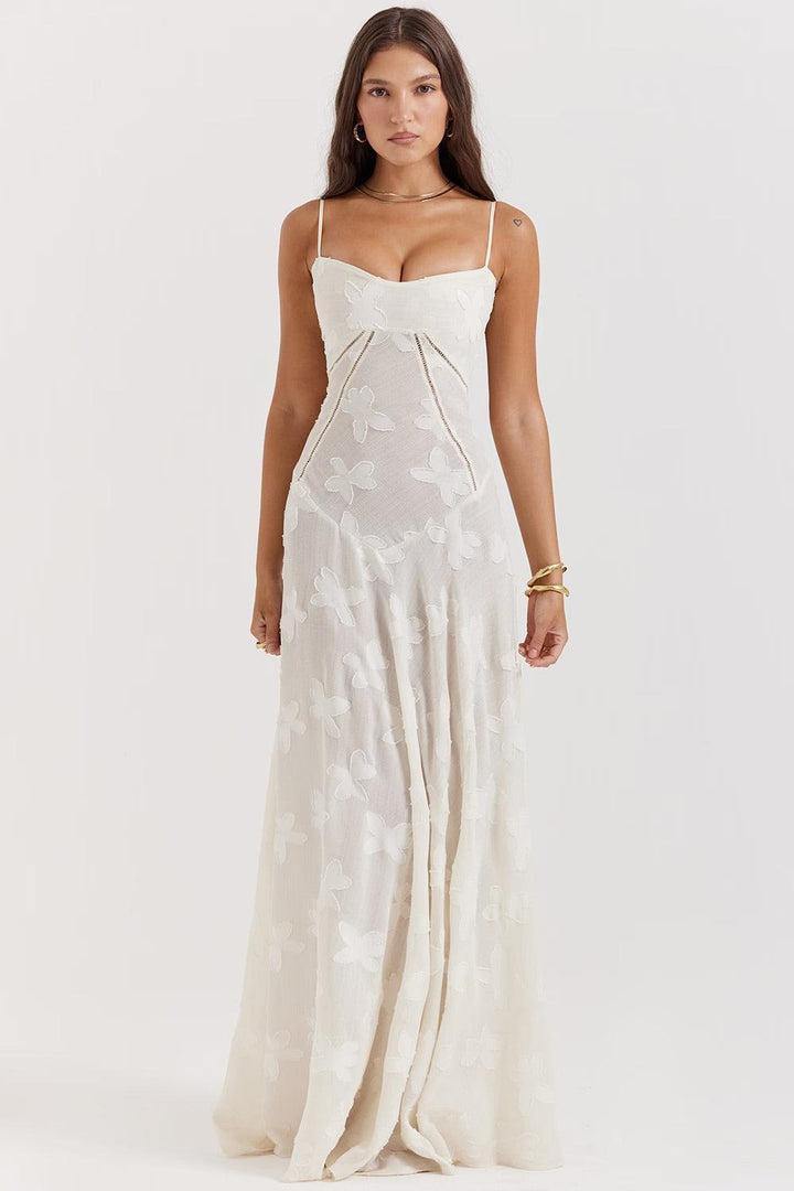 Women's Floral Maxi Dress - Spaghetti Strap - Sweetheart Neck - Corset Bodice - Floor Length Wedding Guest Dress