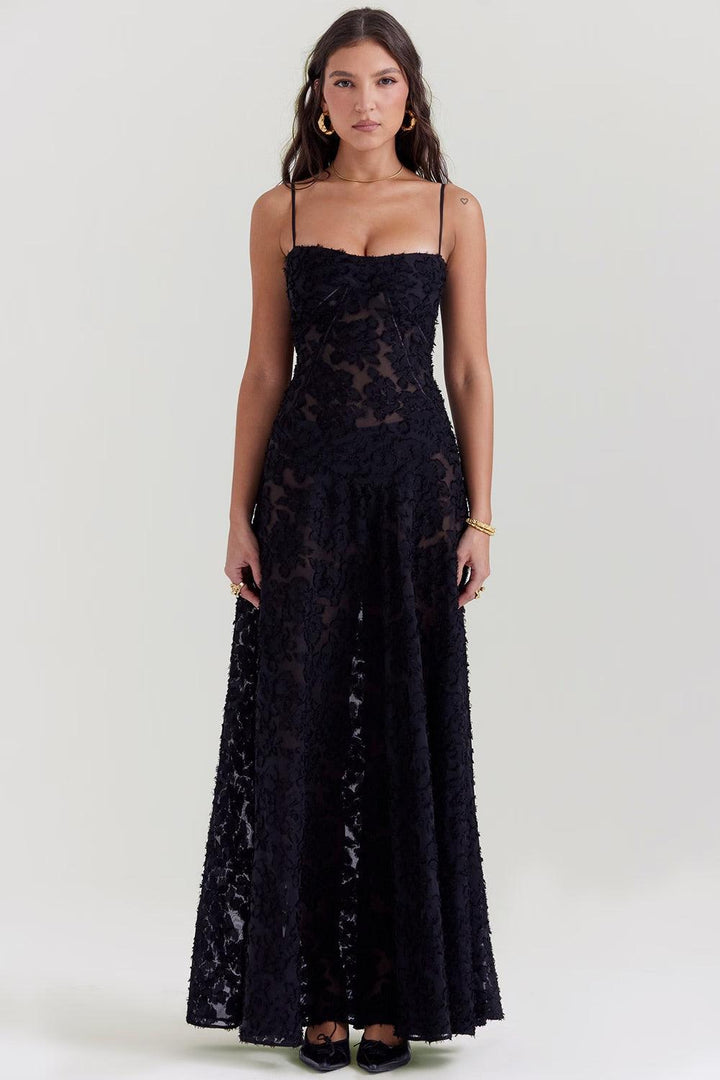 Women's Floral Maxi Dress - Spaghetti Strap - Sweetheart Neck - Corset Bodice - Floor Length Wedding Guest Dress