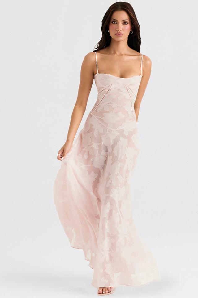 Women's Floral Maxi Dress - Spaghetti Strap - Sweetheart Neck - Corset Bodice - Floor Length Wedding Guest Dress