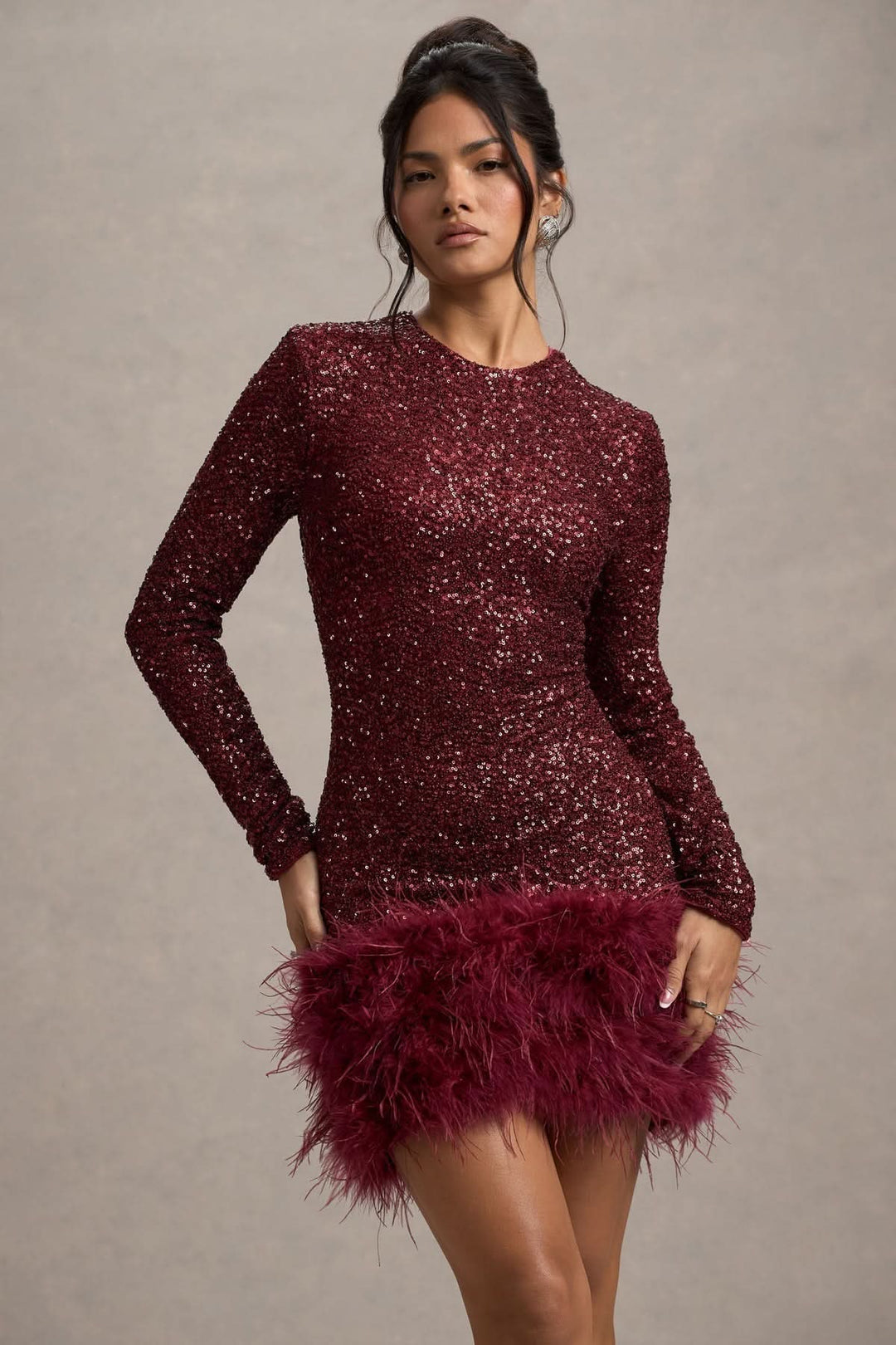 Women's Cocktail Sequin Long Sleeve Feather Hem Mini Dress