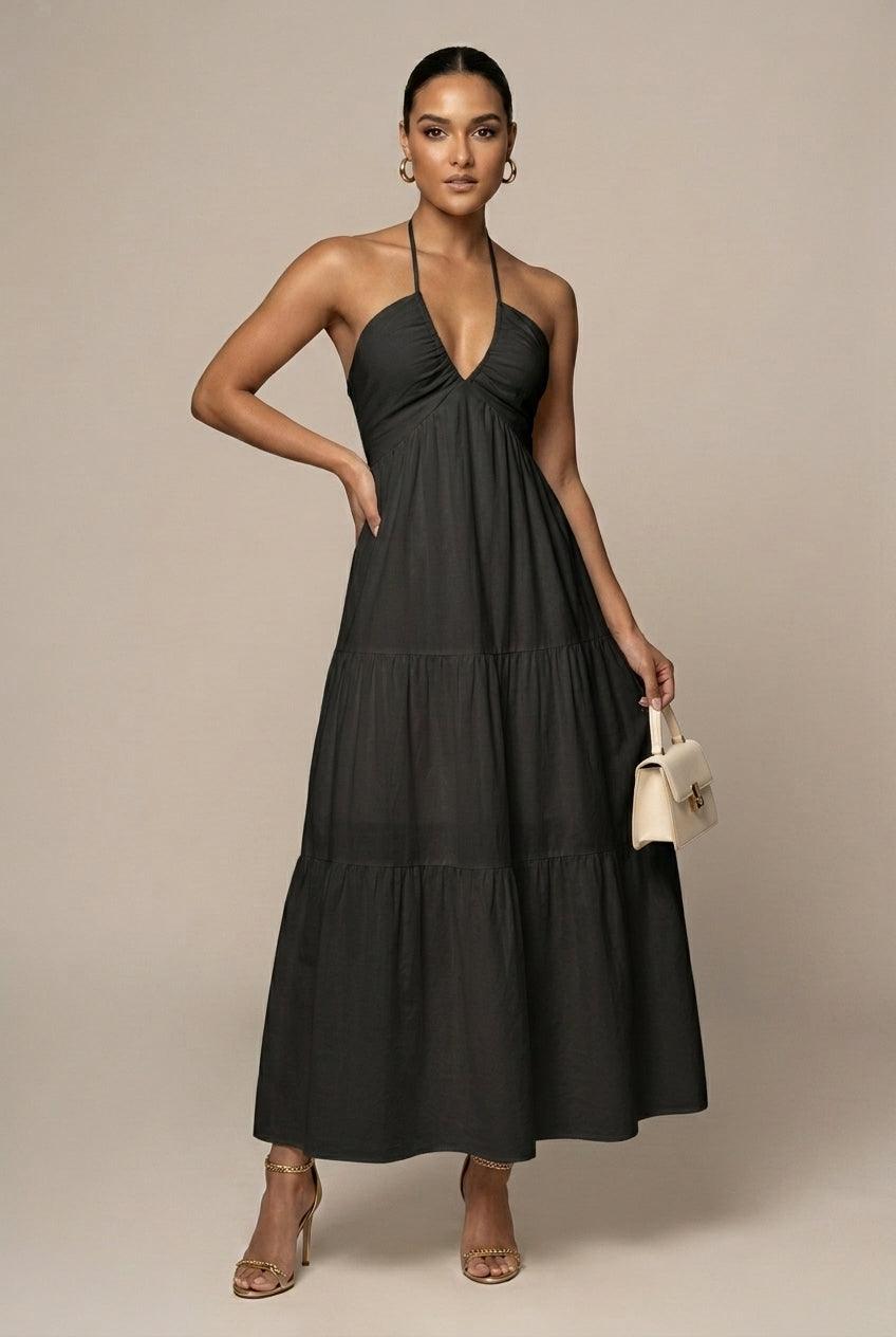 Women's Flowy Halter Neck Maxi Dress - Tiered Ruffle Open Back