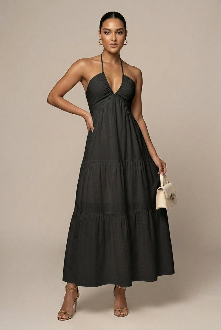 Women's Flowy Halter Neck Maxi Dress - Tiered Ruffle Open Back