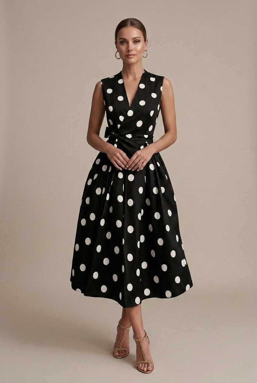 Women's Polka Dot V-Neck Sleeveless Tie Waist Midi Dress