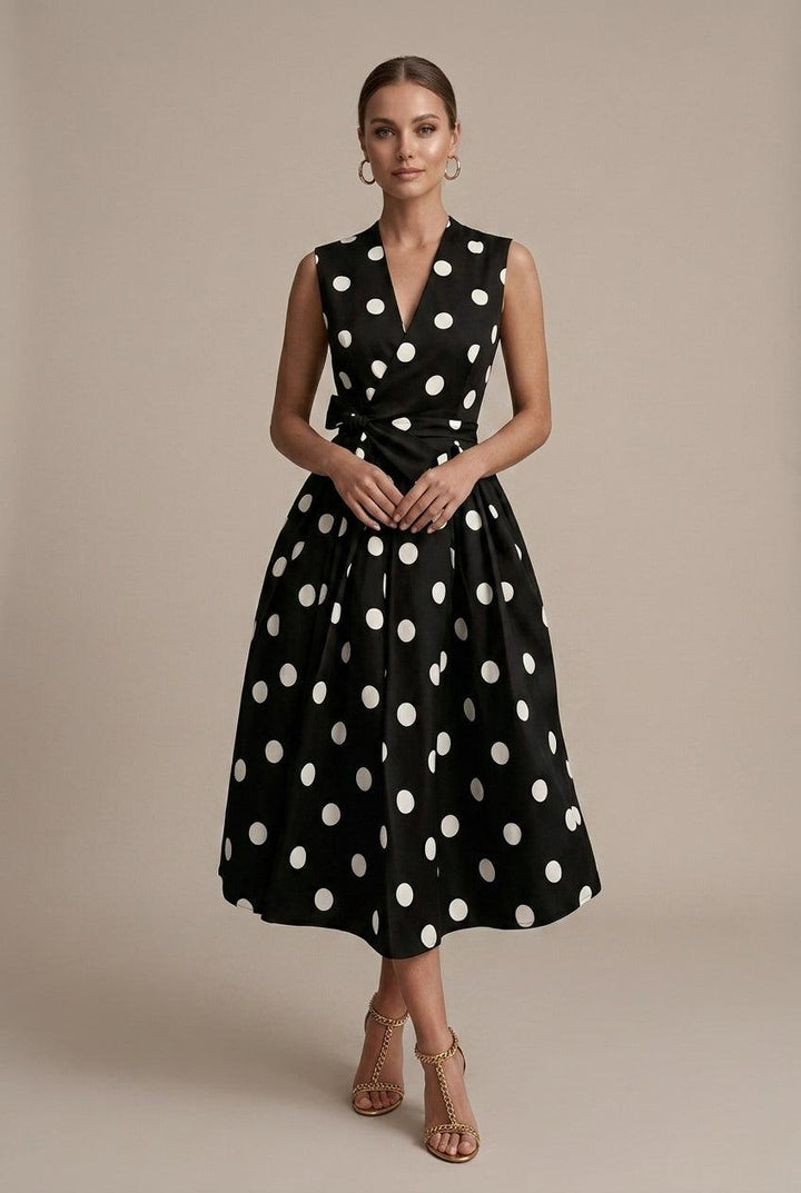 Women's Polka Dot V-Neck Sleeveless Tie Waist Midi Dress