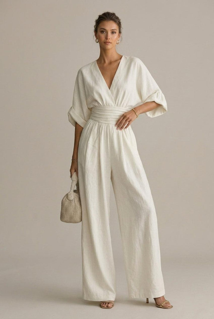 Women's V-Neck Wrap Front Wide Leg Jumpsuit - Three Quarter Sleeve