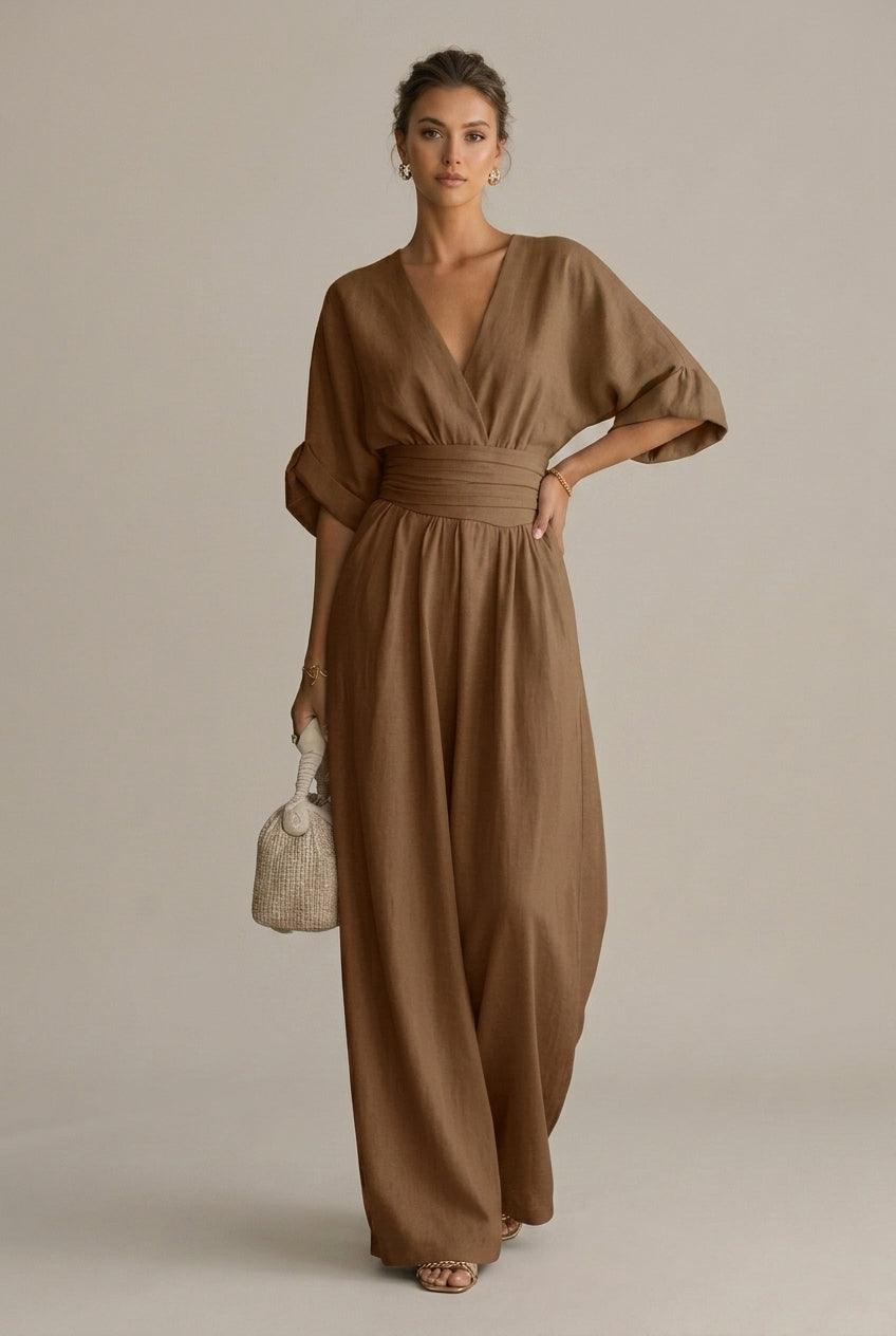 Women's V-Neck Wrap Front Wide Leg Jumpsuit - Three Quarter Sleeve