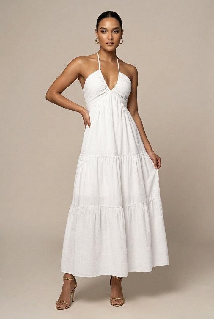 Women's Flowy Halter Neck Maxi Dress - Tiered Ruffle Open Back
