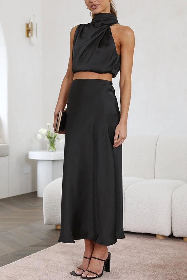Women's Satin Two Piece Set - Halter Neck Crop Top and Draped Maxi Skirt