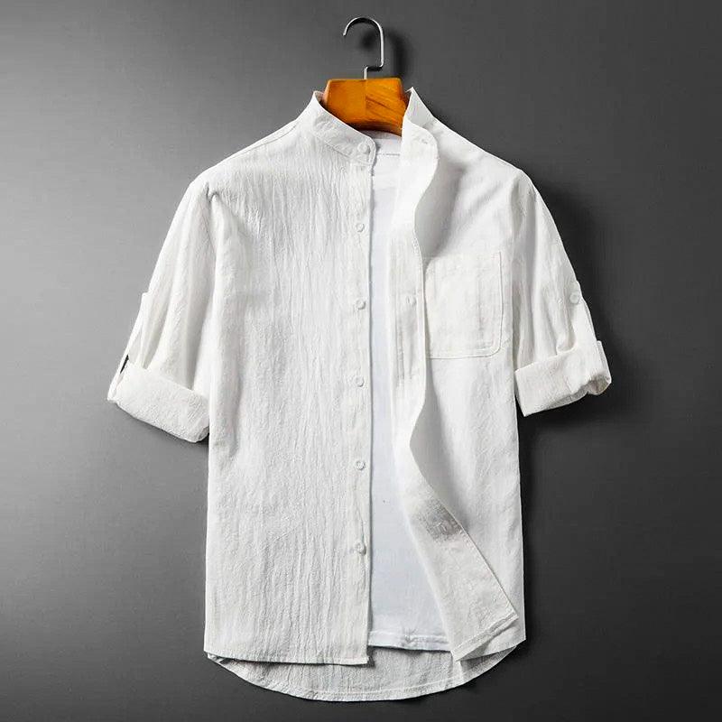 Men's Long-Sleeve Linen Blend Shirt - Band Collar Button-Down Chest Pocket Casual Style