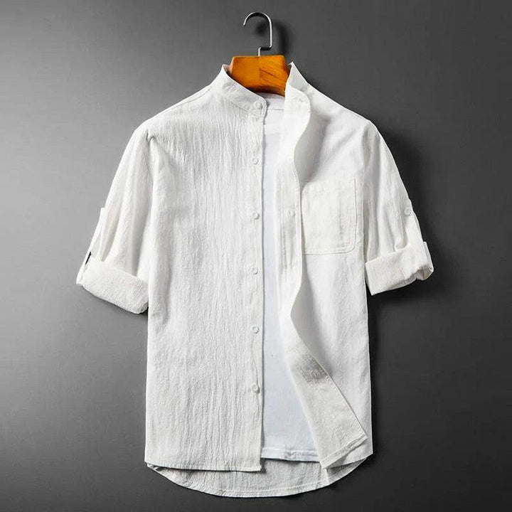 Men's Long-Sleeve Linen Blend Shirt - Band Collar Button-Down Chest Pocket Casual Style