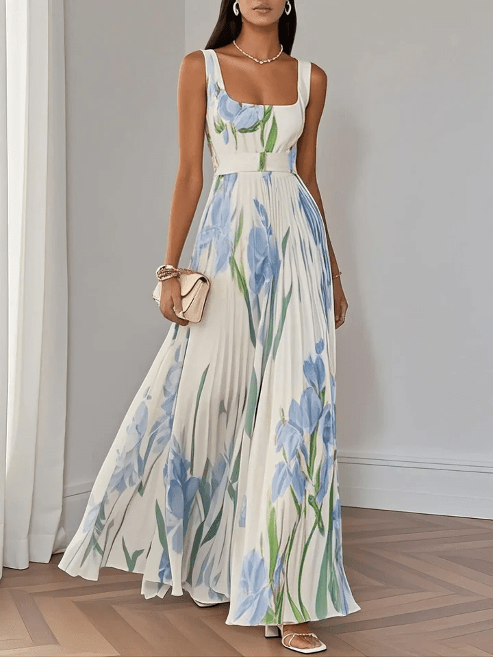 Women's Floral Print Square Neck Sleeveless Pleated Maxi Dress