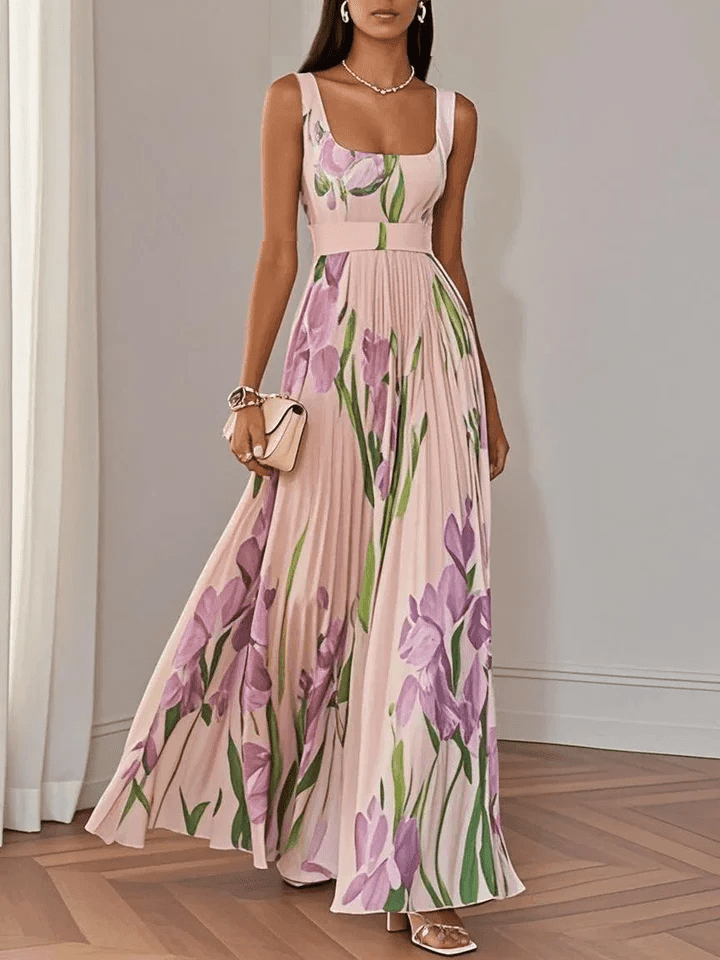 Women's Floral Print Square Neck Sleeveless Pleated Maxi Dress