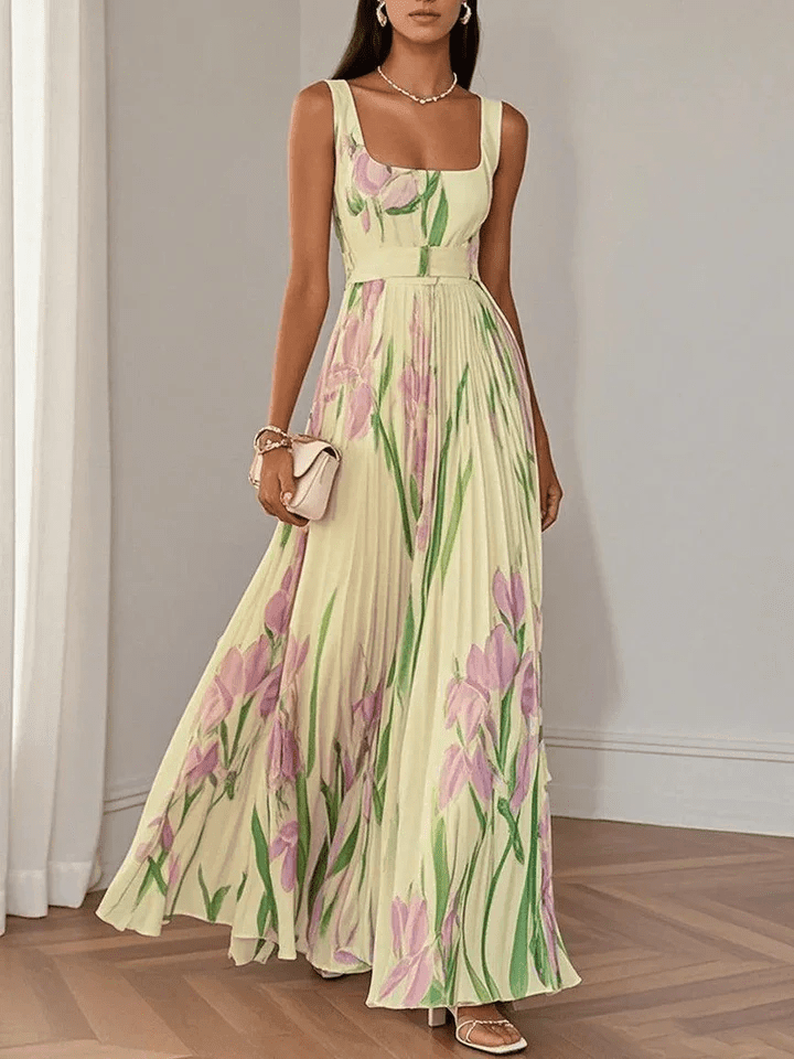 Women's Floral Print Square Neck Sleeveless Pleated Maxi Dress
